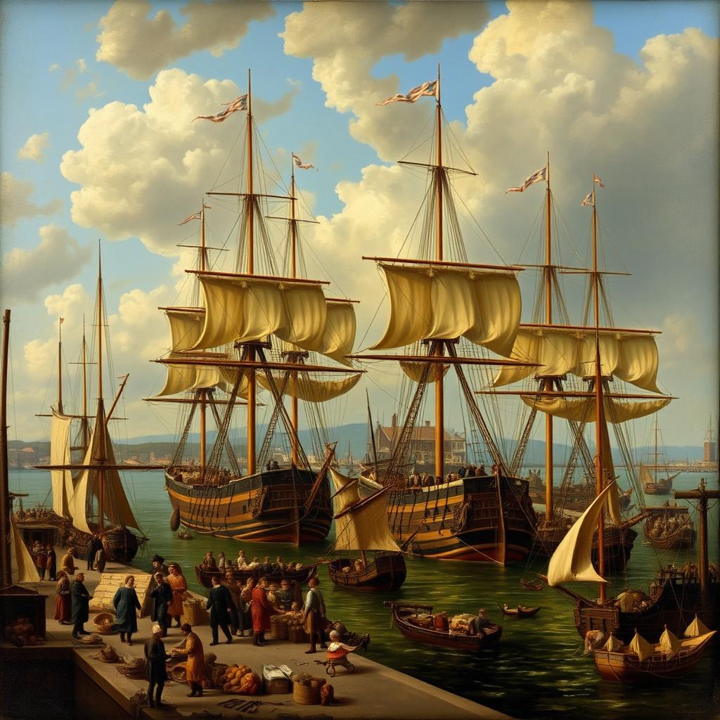 A 17th-century Dutch genre painting depicting a bustling harbor scene filled with merchant ships