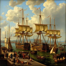 A 17th-century Dutch genre painting depicting a bustling harbor scene filled with merchant ships