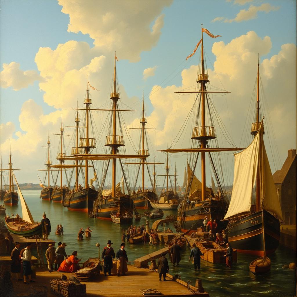 A 17th-century Dutch genre painting depicting a bustling harbor scene filled with merchant ships