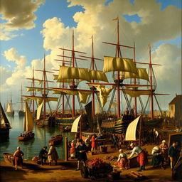 A 17th-century Dutch genre painting depicting a bustling harbor scene filled with merchant ships