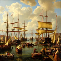 A 17th-century Dutch genre painting depicting a bustling harbor scene filled with merchant ships