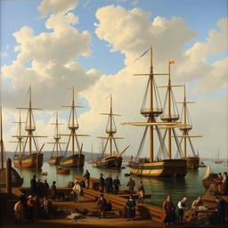 A 17th-century Dutch genre painting depicting a bustling harbor scene filled with merchant ships