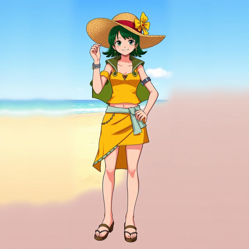 Nico Robin from One Piece wearing a stylish outfit with a yellow-colored skirt and a top in a contrasting color, along with a fashionable sun hat