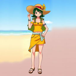 Nico Robin from One Piece wearing a stylish outfit with a yellow-colored skirt and a top in a contrasting color, along with a fashionable sun hat