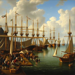 A 17th-century Dutch genre painting depicting a bustling harbor scene filled with merchant ships