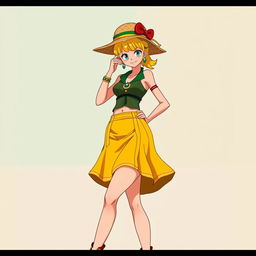 Nico Robin from One Piece wearing a stylish outfit with a yellow-colored skirt and a top in a contrasting color, along with a fashionable sun hat