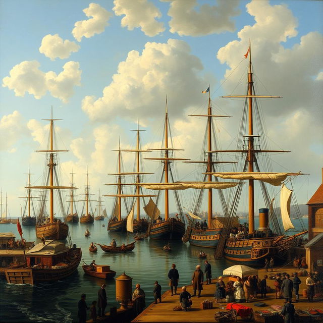 A 17th-century Dutch genre painting depicting a bustling harbor scene filled with merchant ships