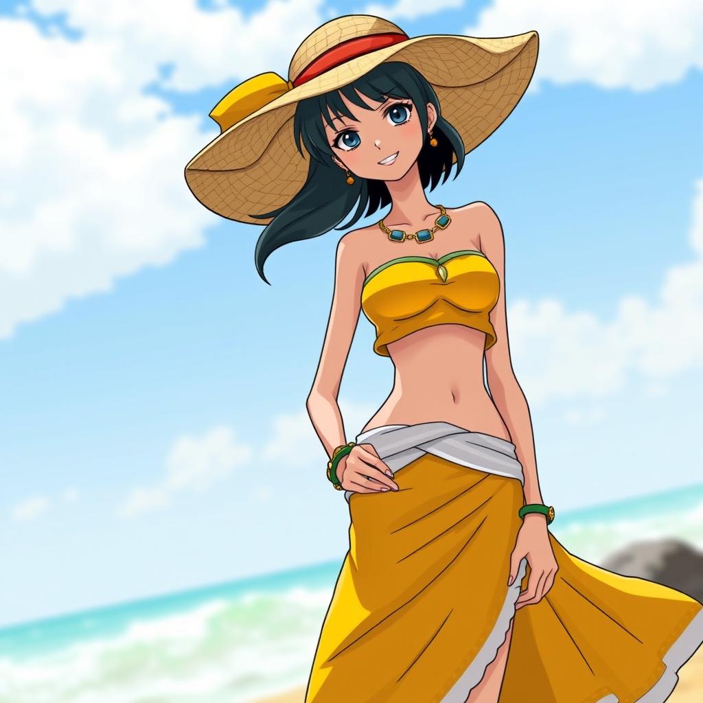 Nico Robin from One Piece wearing a stylish outfit with a yellow-colored skirt and a top in a contrasting color, along with a fashionable sun hat