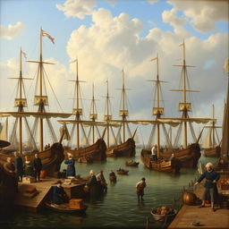 A 17th-century Dutch genre painting depicting a bustling harbor scene filled with merchant ships