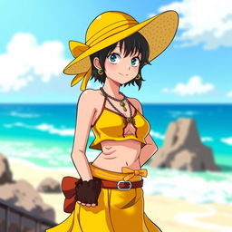 Nico Robin from One Piece wearing a stylish outfit with a yellow-colored skirt and a top in a contrasting color, along with a fashionable sun hat