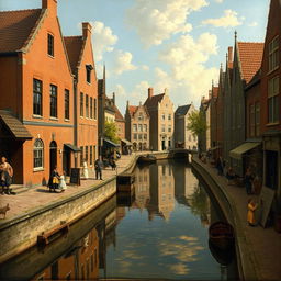 A 17th-century Dutch genre painting depicting a picturesque street scene alongside a tranquil canal