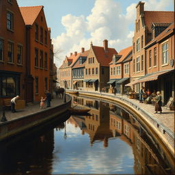 A 17th-century Dutch genre painting depicting a picturesque street scene alongside a tranquil canal