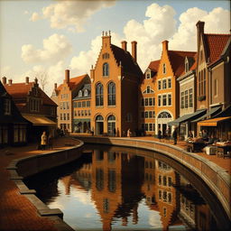 A 17th-century Dutch genre painting depicting a picturesque street scene alongside a tranquil canal