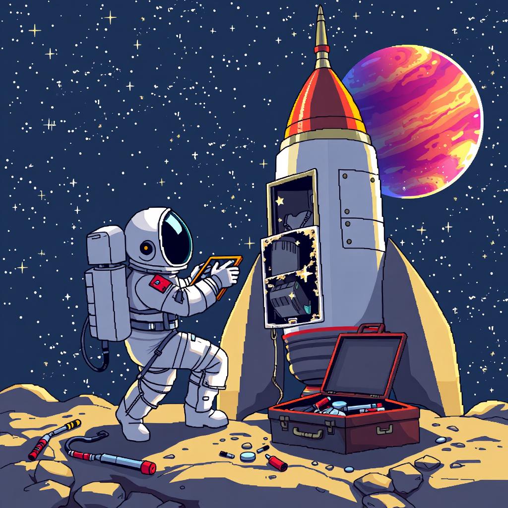 A pixel art depiction of an astronaut in a spacesuit, focused on repairing a space rocket in the vastness of space