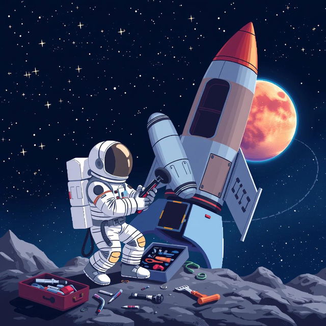 A pixel art depiction of an astronaut in a spacesuit, focused on repairing a space rocket in the vastness of space