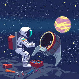 A pixel art depiction of an astronaut in a spacesuit, focused on repairing a space rocket in the vastness of space