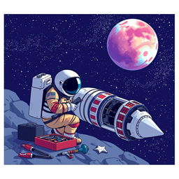 A pixel art depiction of an astronaut in a spacesuit, focused on repairing a space rocket in the vastness of space