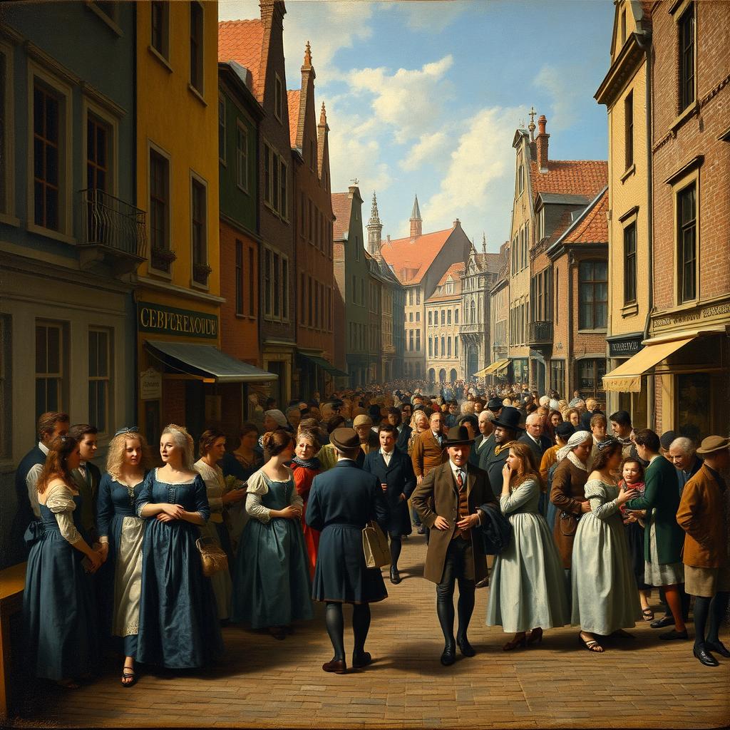 A 17th-century Dutch genre painting depicting a lively street scene filled with people interacting