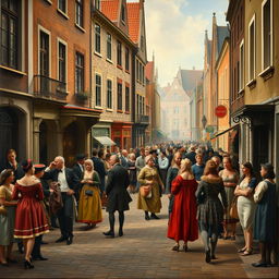 A 17th-century Dutch genre painting depicting a lively street scene filled with people interacting