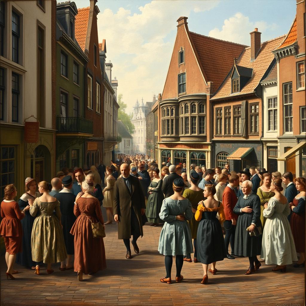 A 17th-century Dutch genre painting depicting a lively street scene filled with people interacting