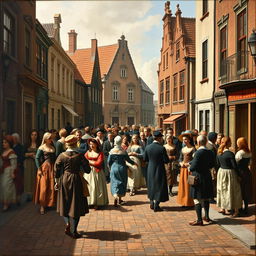 A 17th-century Dutch genre painting depicting a lively street scene filled with people interacting