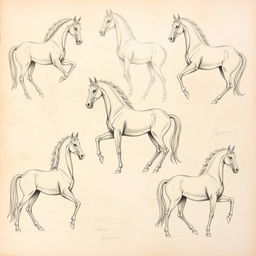 A collection of exquisite drawings featuring horses, rendered in the iconic style of Leonardo da Vinci