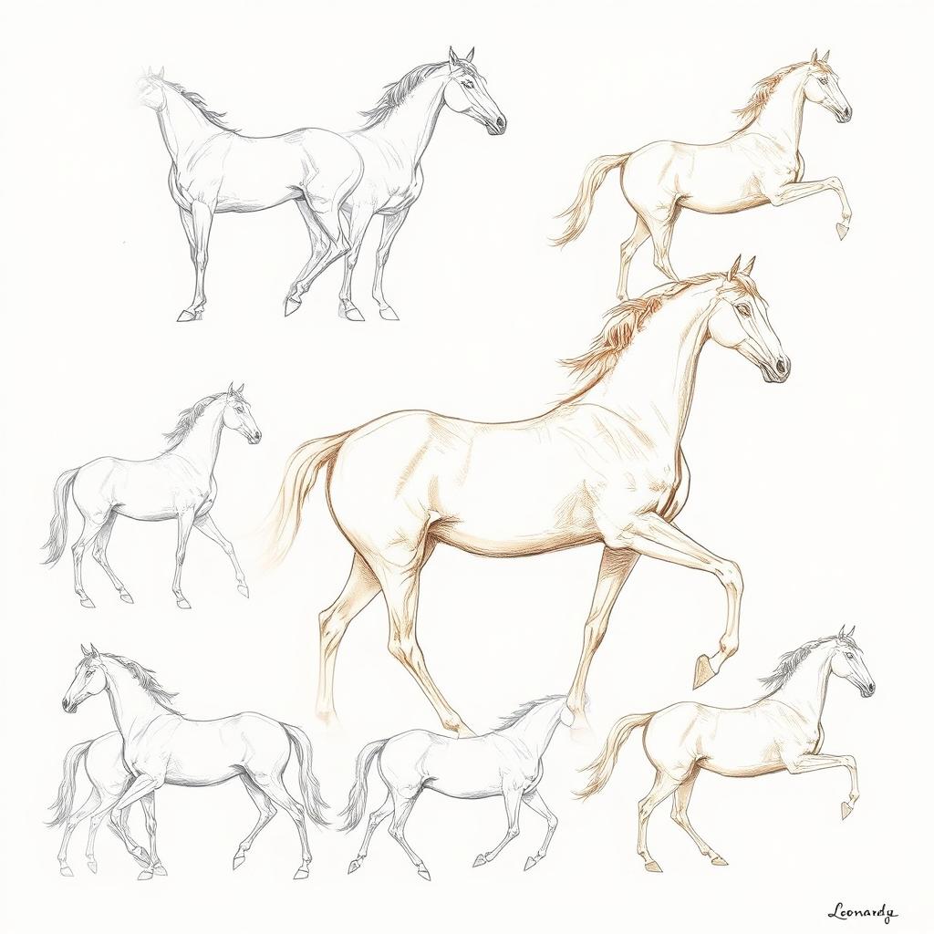 A collection of exquisite drawings featuring horses, rendered in the iconic style of Leonardo da Vinci