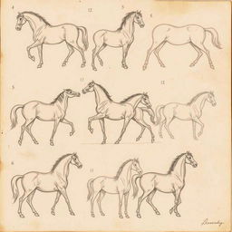 A collection of exquisite drawings featuring horses, rendered in the iconic style of Leonardo da Vinci