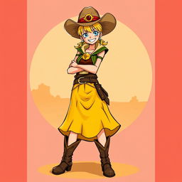 Nico Robin from One Piece dressed as a cowgirl, wearing a stylish outfit with a yellow-colored skirt and a contrasting colored top, along with a classic cowgirl hat