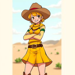 Nico Robin from One Piece dressed as a cowgirl, wearing a stylish outfit with a yellow-colored skirt and a contrasting colored top, along with a classic cowgirl hat