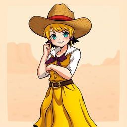 Nico Robin from One Piece dressed as a cowgirl, wearing a stylish outfit with a yellow-colored skirt and a contrasting colored top, along with a classic cowgirl hat