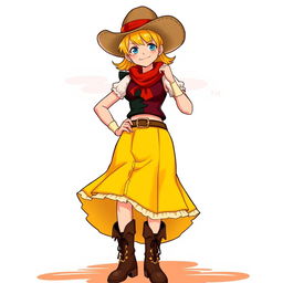 Nico Robin from One Piece dressed as a cowgirl, wearing a stylish outfit with a yellow-colored skirt and a contrasting colored top, along with a classic cowgirl hat