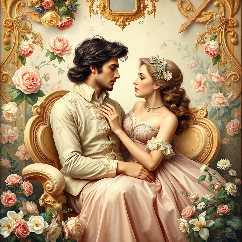 A captivating French Rococo style painting featuring a romantic couple deeply in love