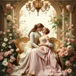 A captivating French Rococo style painting featuring a romantic couple deeply in love