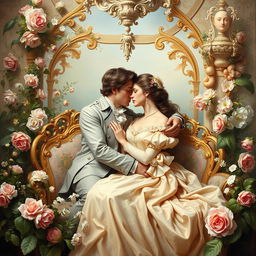 A captivating French Rococo style painting featuring a romantic couple deeply in love