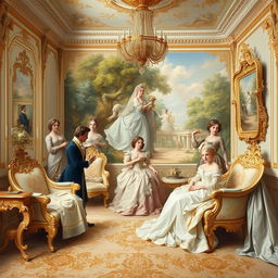 A captivating French Rococo style painting that embodies elegance and opulence