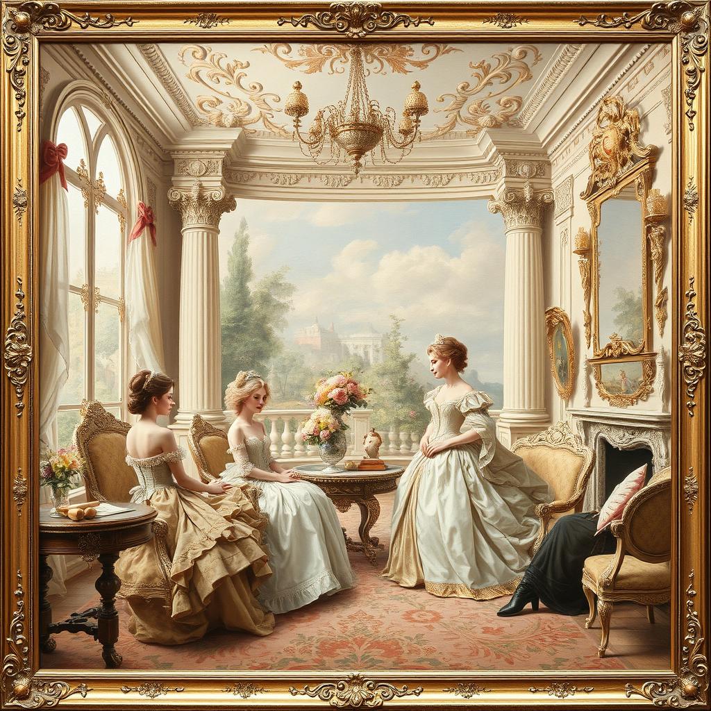 A captivating French Rococo style painting that embodies elegance and opulence