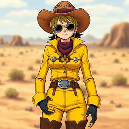 Nico Robin from One Piece dressed as a cowgirl, wearing a stylish yellow outfit featuring a contrasting colored top and gloves