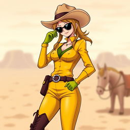 Nico Robin from One Piece dressed as a cowgirl, wearing a stylish yellow outfit featuring a contrasting colored top and gloves