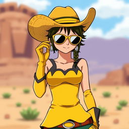 Nico Robin from One Piece dressed as a cowgirl, wearing a stylish yellow outfit featuring a contrasting colored top and gloves