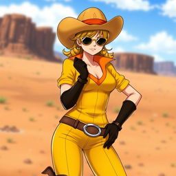 Nico Robin from One Piece dressed as a cowgirl, wearing a stylish yellow outfit featuring a contrasting colored top and gloves