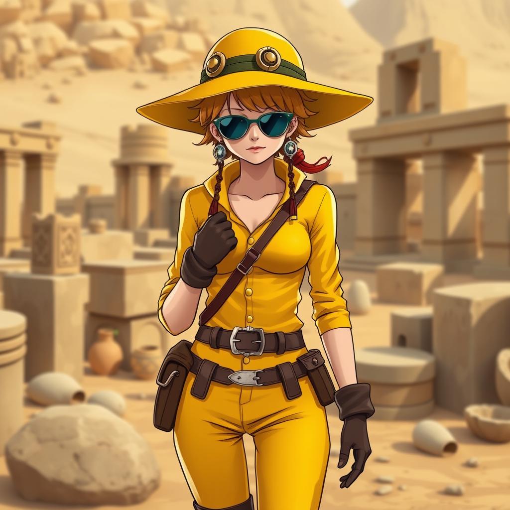 Nico Robin from One Piece depicted as an archaeologist, wearing a stylish yellow outfit that features a contrasting colored top and gloves