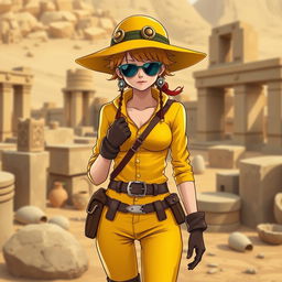 Nico Robin from One Piece depicted as an archaeologist, wearing a stylish yellow outfit that features a contrasting colored top and gloves