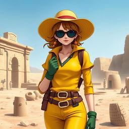 Nico Robin from One Piece depicted as an archaeologist, wearing a stylish yellow outfit that features a contrasting colored top and gloves