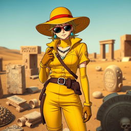 Nico Robin from One Piece depicted as an archaeologist, wearing a stylish yellow outfit that features a contrasting colored top and gloves