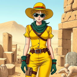 Nico Robin from One Piece depicted as an archaeologist, wearing a stylish yellow outfit that features a contrasting colored top and gloves