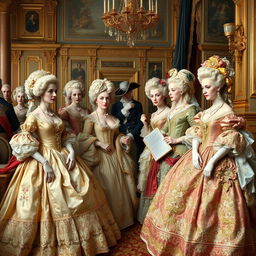 A captivating depiction of 18th century French aristocrats, capturing the opulence and elegance characteristic of the period