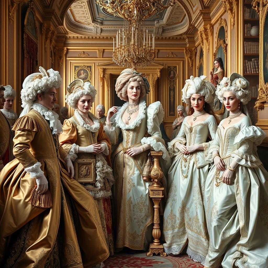 A captivating depiction of 18th century French aristocrats, capturing the opulence and elegance characteristic of the period