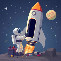 A unique fusion of pixel art and low poly art portraying an astronaut in a spacesuit, skillfully repairing a space rocket amidst the cosmic expanse