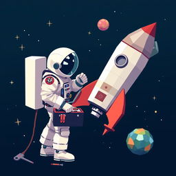 A unique fusion of pixel art and low poly art portraying an astronaut in a spacesuit, skillfully repairing a space rocket amidst the cosmic expanse